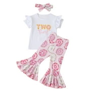 Inevnen Toddler Baby Girls Birthday Outfits Two Sweet Shirts Doughnut Flared Pants Set