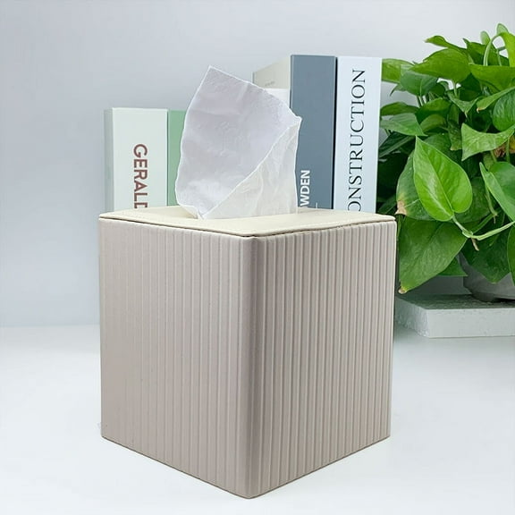 Namzi-b Square Leather Tissue Box Cover - Stylish Cube Tissue Box Holder , Decorative PU Tissue Box for Vanity Dresser Night Stand Table Countertop Home Office Car, Grid White，Streak Beige