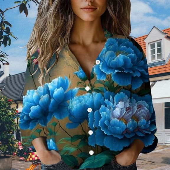 Blue Women's Long Sleeve T-shirt, Women Cotton Shirt Printed Fashion Button Down Shirts Casual Tops Long Sleeve Blouse,Women's Long sleeve T-shirt XXL