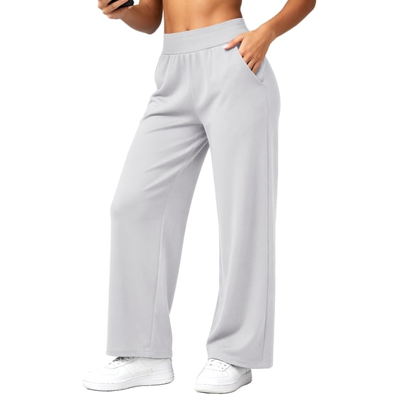 Cadmus Womens High Waist Stretch Wide Leg Lounge Pants Loose Fit Yoga Workout Sweatpants with Pockets, Light Grey, L