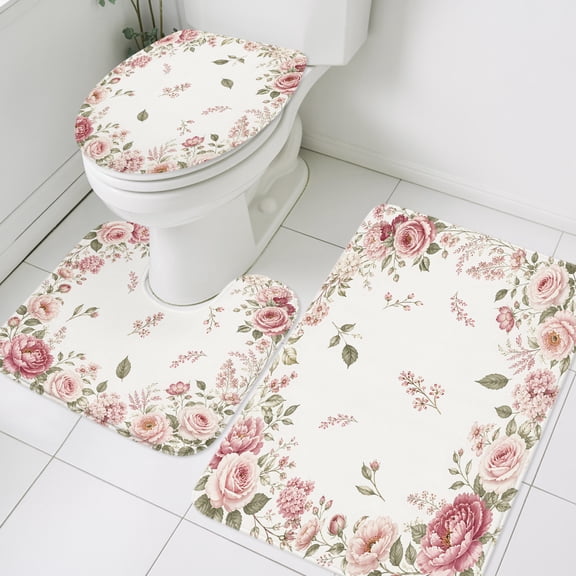 Pink Floral Wreath Bathroom Rugs Set Romantic Roses Flower Elegant Non Slip Absorbent Soft Bath Mats 3 Piece Set with Bathroom Rug, U-Shaped Floor Mat, Toilet Seat Cover Small Size
