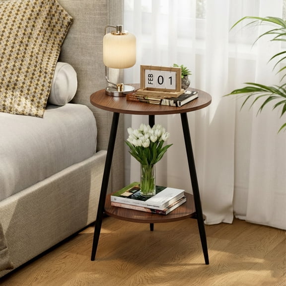 PinkSheep Round End Table, 2 Tier Small Side Table Accent Table Tray Table with Storage for Living Room Bedroom Small Spaces, Walnut with Black