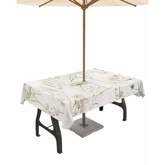 Outdoor Tablecloth with Umbrella Hole for Patio/Picnic/Party/Camping, Beige Black Botanical Waterproof Table Cloth Rectangle Table Cover Washable, Watercolor Floral Vintage 52"x 70"