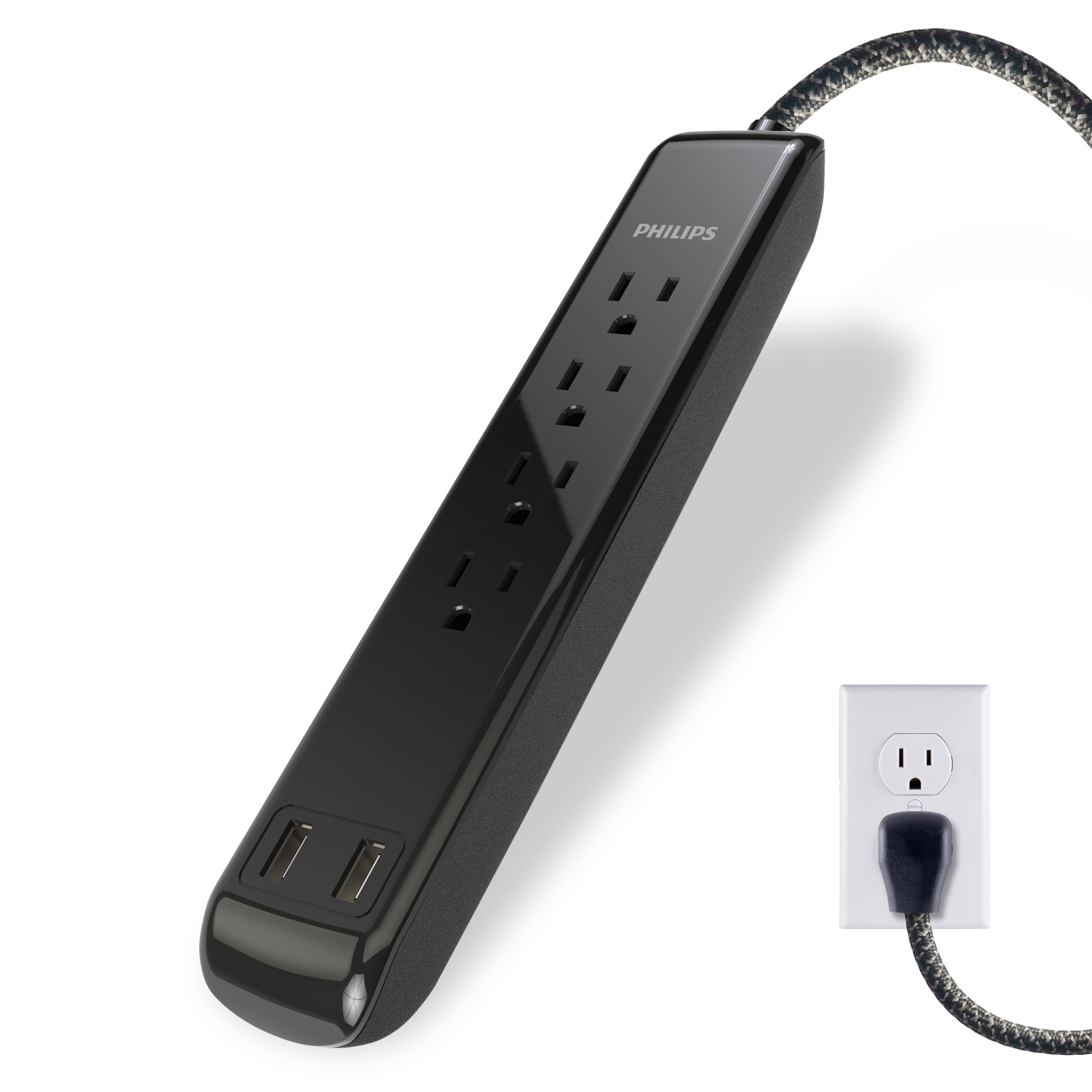 Philips 4 Outlet Surge Protector, 2 USB Ports, 4 ft Braided Extension Cord, 720J, Black - SPC6244BC/37