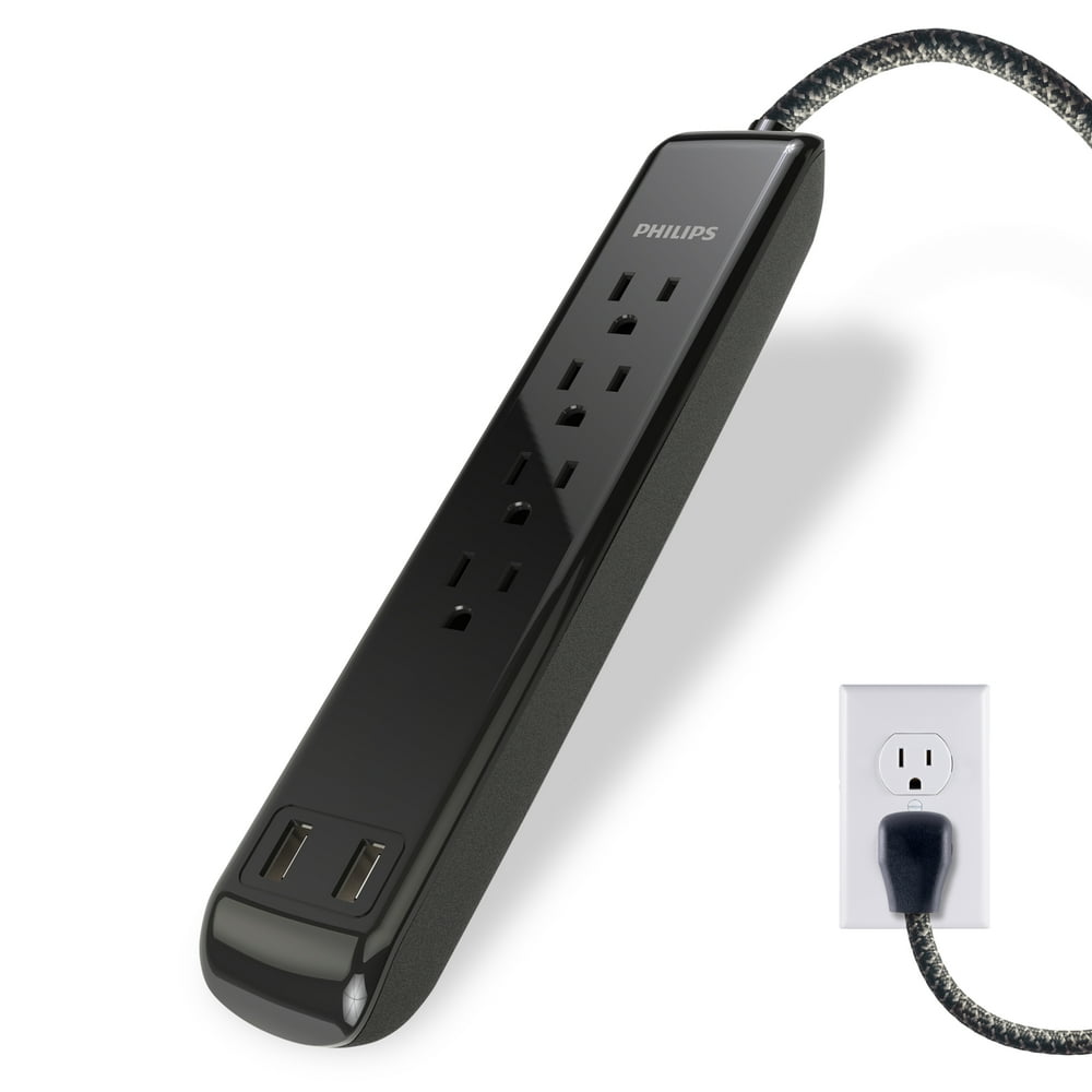Philips 4 Outlet Surge Protector with 2 USB Ports, 4 ft Braided Cord