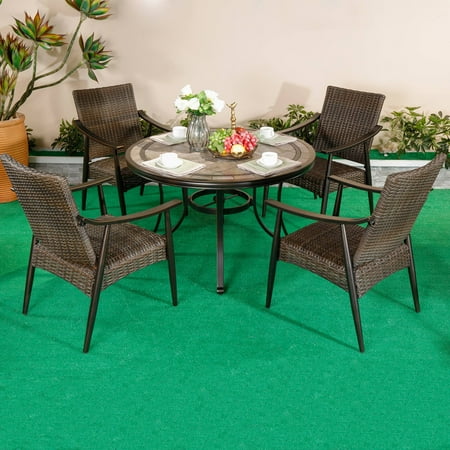 Diy Mosaic Patio Table Top dali 5 Piece Patio Dining Set Outdoor Furniture, Wicker Mid-Century Modern Design Dining Chair Set with 46 inch Round Mosaic Tile Top Aluminum Table ()