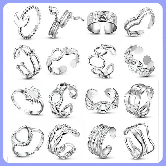 16Pcs Stackable Stainless Steel Rings for Women Chunky Silver Rings Non Tarnish Ring Open Adjustable Thumb Finger Statement Ring Set