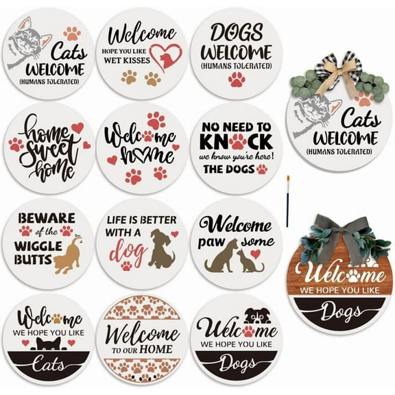12pcs Dog Cat Welcome Stencils - Round Paw Print Farmhouse Welcome Letters DIY