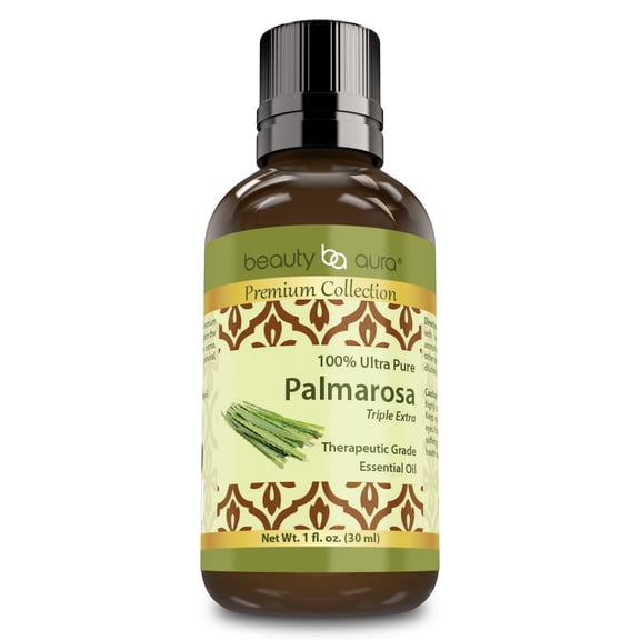 Beauty Aura 100% Pure Palmarosa Essential Oil, 1 fl oz - Therapeutic Grade Palmarosa Oil for Diffuser, Aromatherapy, and DIY Skincare