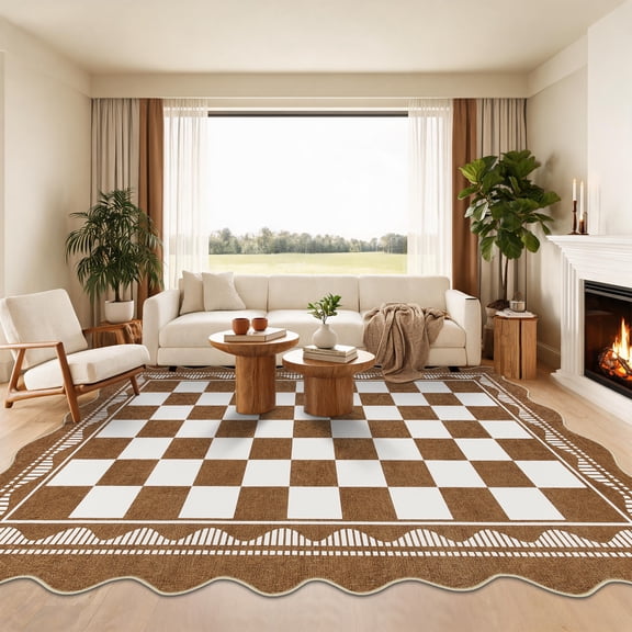 Garvee 5'x7' Scalloped Area Rugs Modern Checkered Carpet, Washable Non-Slip Rug Indoor Floor Mats for Living Room Bedroom Home Decor, Coffee