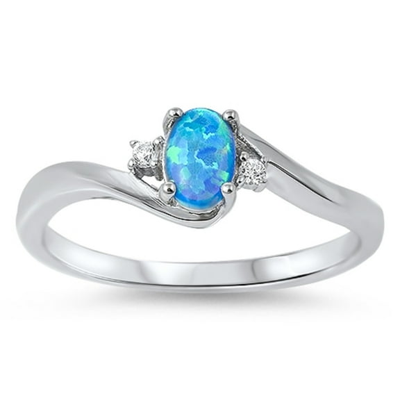 Oval Center Swirl Blue Simulated Opal and Cubic Zirconia Ring Sterling Silver Size 10