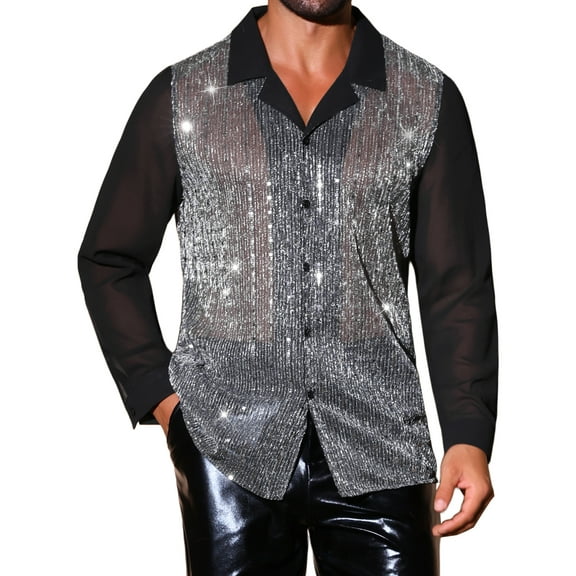 INSPIRE CHIC Men's Camp Collar Long Sleeve Sequin See Through Shirt M Black