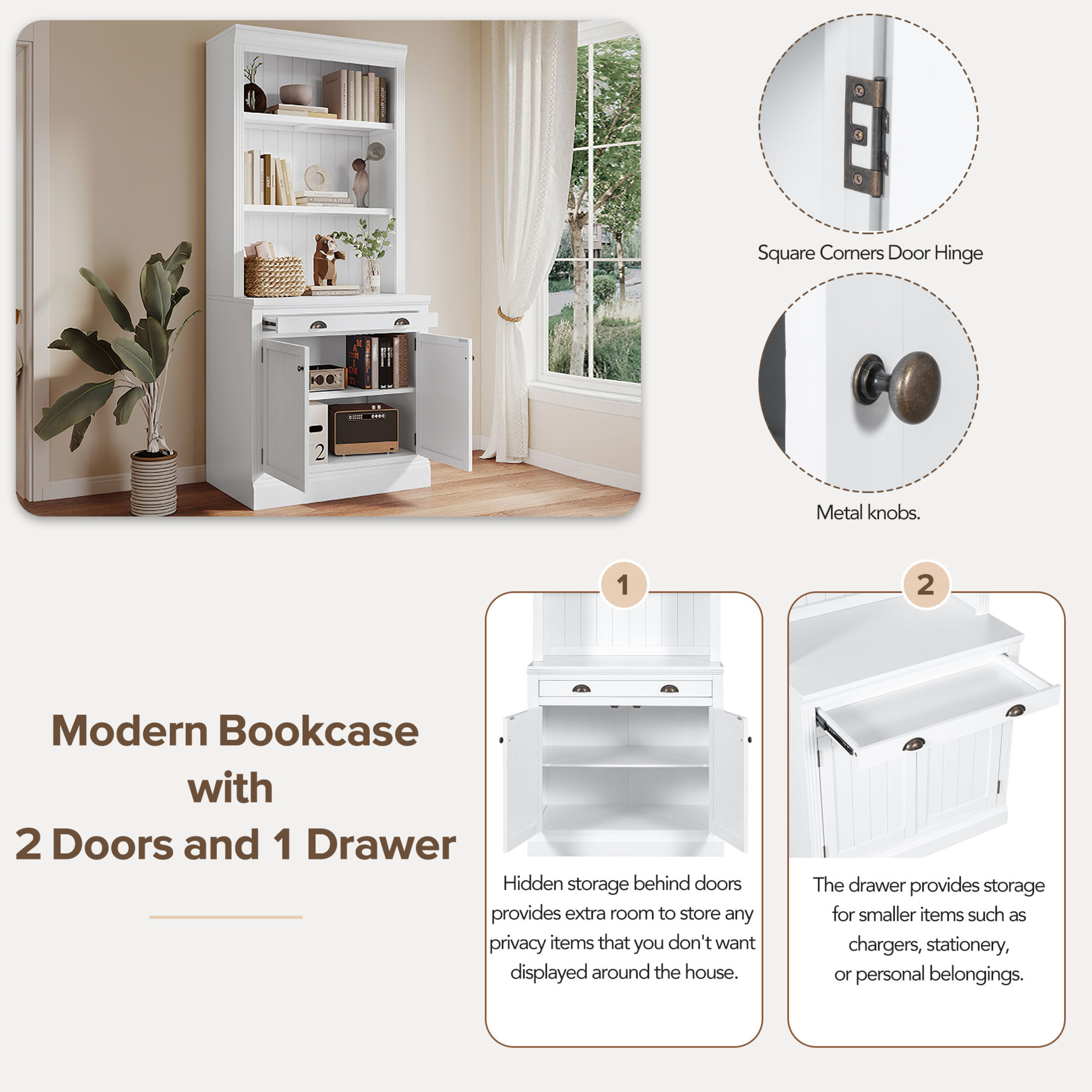 GDF Studio Caldon 83.4" Bookshelf with LED Lighting, Drawers & Panel Doors, Modern Bookcase for Home Office, White