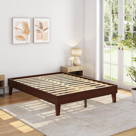 Queen Size Solid Wood Platform Bed Frame, Low-Profile Dark Walnut, Sturdy Rubberwood, 12 Plywood Slats, Easy Assembly, No Box Spring Needed