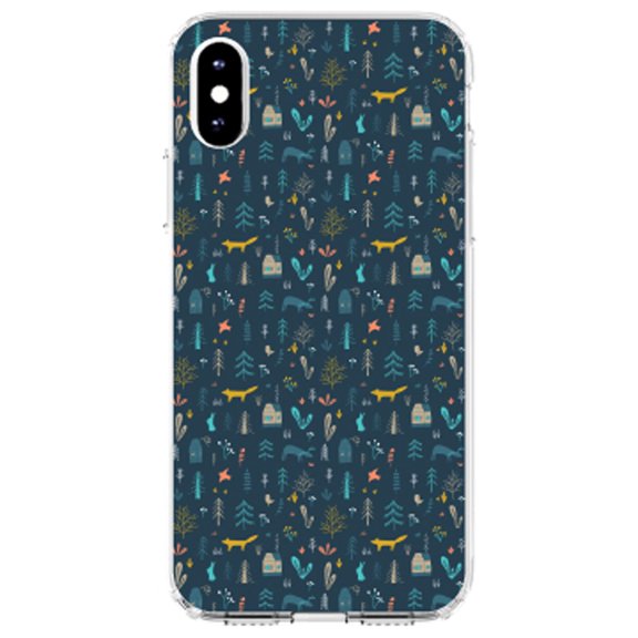 DistinctInk Clear Shockproof Hybrid Case for iPhone X / XS (5.8" Screen) - TPU Bumper, Acrylic Back, Tempered Glass Screen Protector - Modern Floral - Navy - House, Deer, Tree