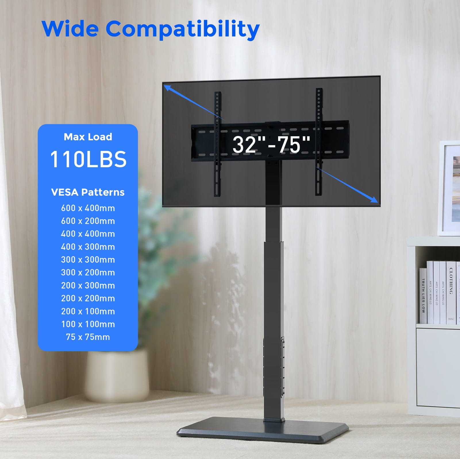 Universal Floor TV Stand,TV Floor Mount Stand with Power Outlet for 32-75 inch TV up to 110 lbs, Swivel and Height Adjustable Tall TV Stand for Bedroom,Office