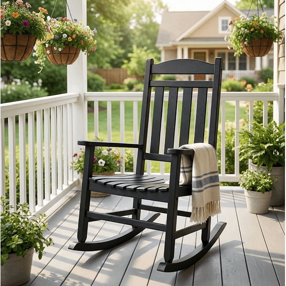 Joxxoaa outdoor Rocking Chair Set of 1,Porch Rocker All Weather Resistant Porch Rocker for Lawn Garden High Back Armrest Set of 1 (Black),Independence Day