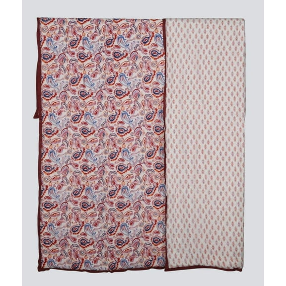 100% COTTON HAND PRINTED RED AND BLUE PAISLEY QUILT WITH 2 SHAMS
