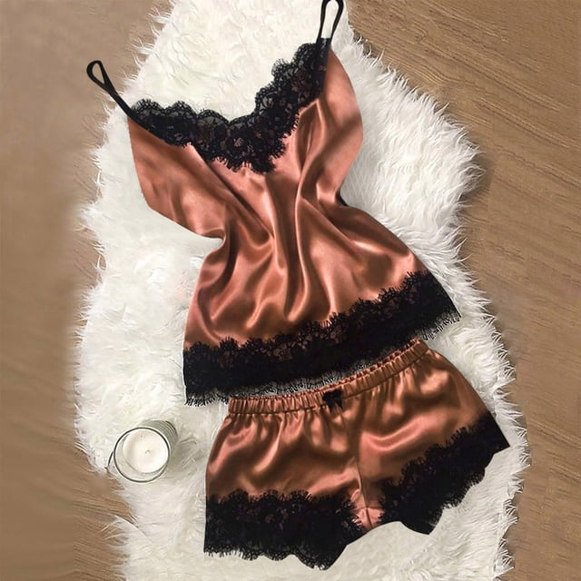 LSLJS Ensemble de Lingerie en Dentelle Satinée pour Femmes, Haut à Bretelles et Short, Pyjama Deux Pièces