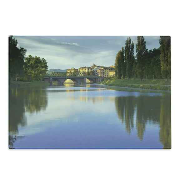 Landscape Cutting Board, Majestic Tevere River Meets Bridge in Ukrainian Old Town European Rural Landscape, Decorative Tempered Glass Cutting and Serving Board, Large Size, Green Blue, by Ambesonne