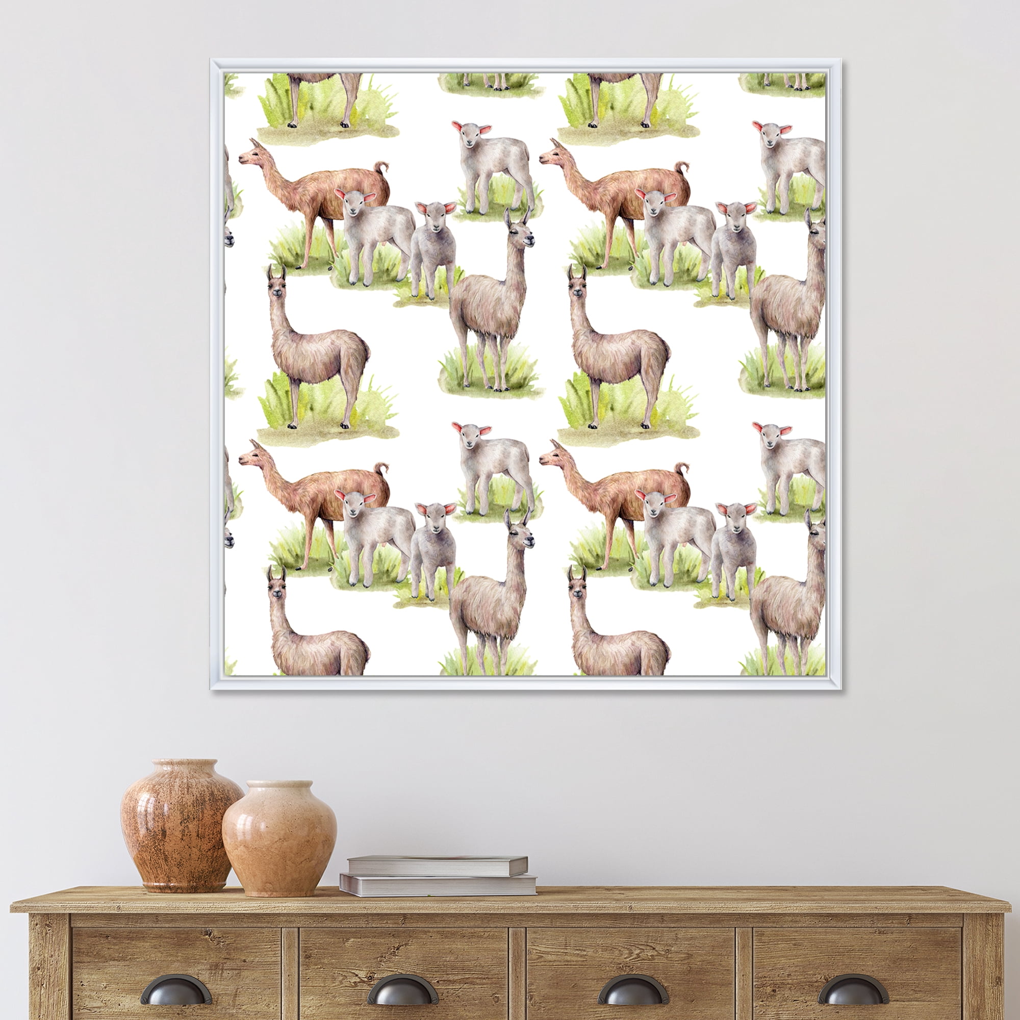 Designart 'Lambs and Lamas On A Green Meadow' Farmhouse Framed Canvas Wall Art Print