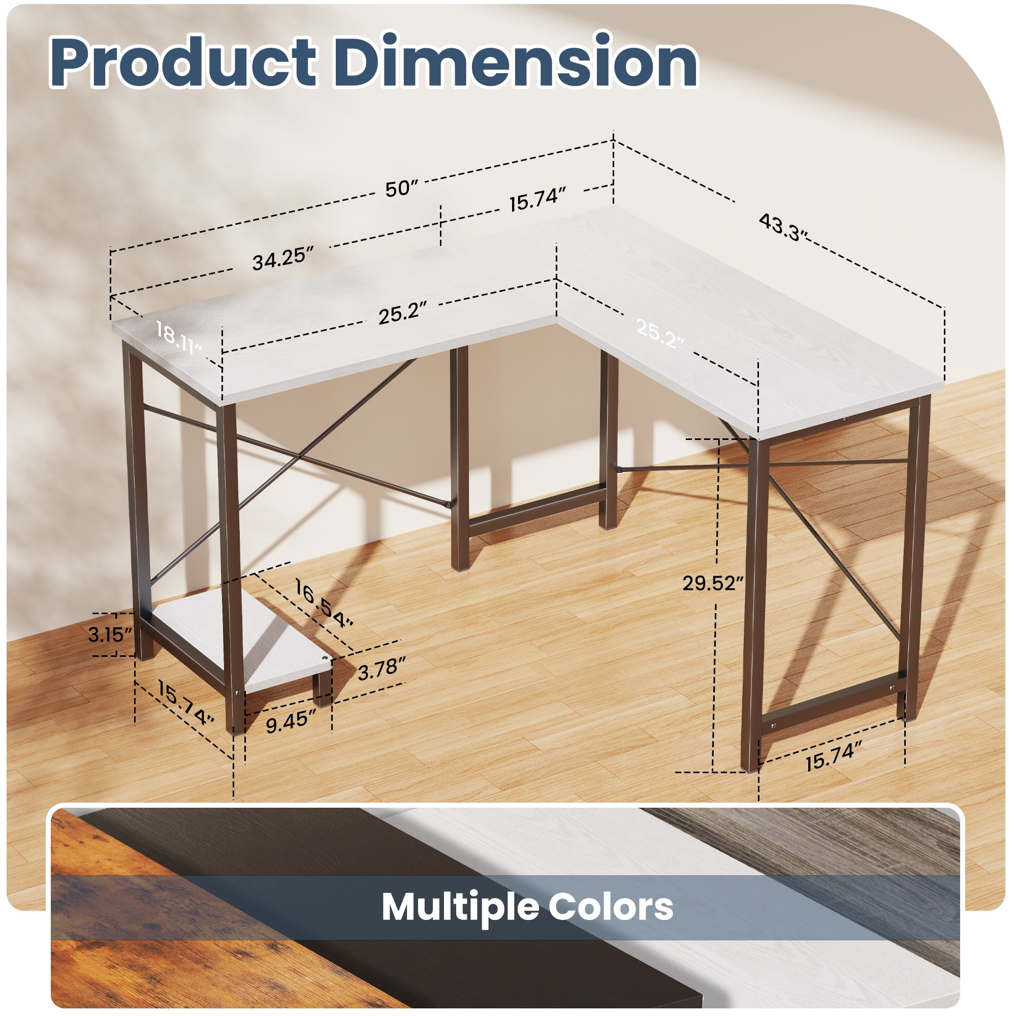JIOABL 50" L-Shaped Corner Gaming Desk with Reversible CPU Stand, Waterproof Desktop & Metal Frame, White