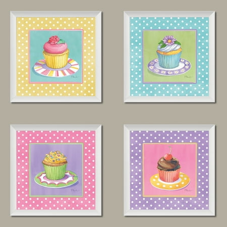 - 4 Cute Colorful Cupcakes Art Prints Pastel Baking Kitchen Decor Paul Brent, Four 8 by 8-Inch White Framed Prints, Pink/Yellow/Blue/Lavender Pastels