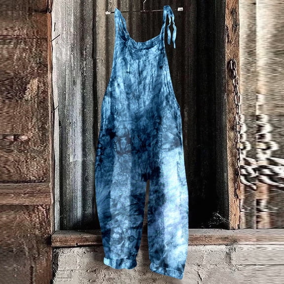 Conairie Women Bib Overalls Color Block Stretchy Beach Vacation Trendy Jumpsuits Wide Leg Pants Blue L