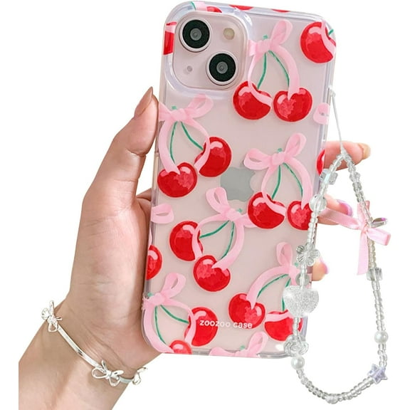 Compatible with iPhone 15 Case Cute Cherry Bowknot Clear Ribbon Pink Bow Pattern Aesthetic Design for Women Teen Girls Slim TPU Protection Phone Cover Bow Crystal Chain