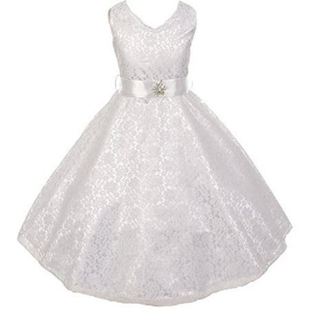 Big Girls' Lace Overlay Satin Brooch Flowers Girls Dresses White Size 16