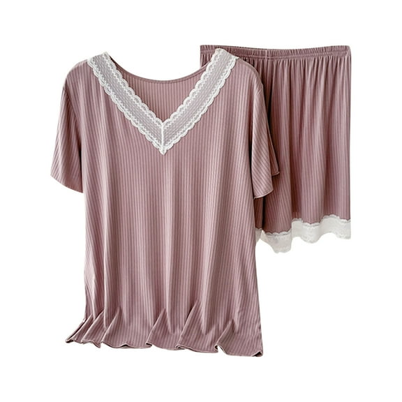 BLVB Lounge Sets for Women 2 Piece Lace Trim Pajamas Sets Short Sleeve V Neck Tops with Loose Shorts Pjs Sets Sleepwear