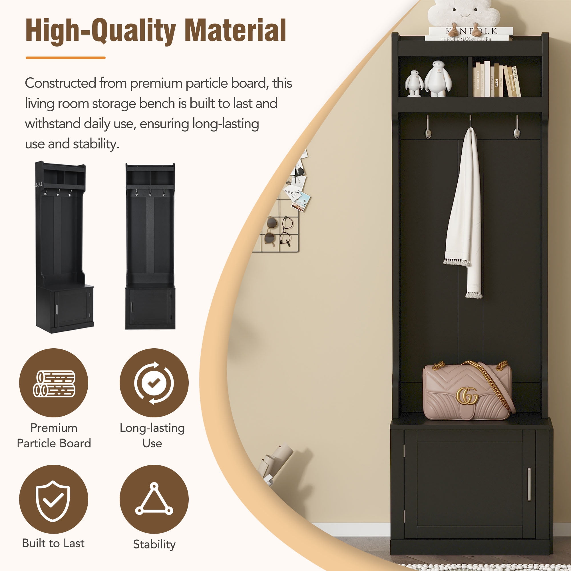 MAYEERTY Minimalist Hall Tree: Slim Cabinet, Multi-functional Storage Bench with Coat Rack, 6 Hooks, Black