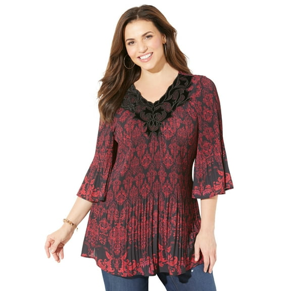Catherines Women's Plus Size Velvet Trim Pleated Blouse