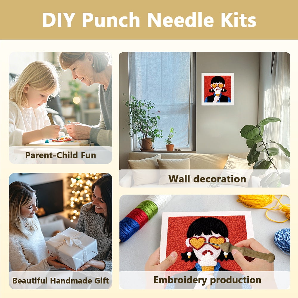Polyester Cotton Punch Needle 4Folded Yarns Embroidery Kits Included Threader Cotton Thread Punch Needle Thread Clips 3.5MM Wooden Needle Human Useful