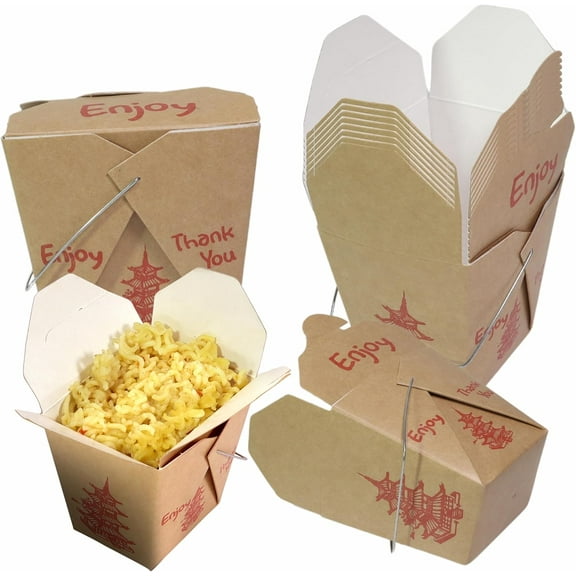 EcoQuality 16 oz Brown Asian Style Take Out Food Boxes with Wire Handle – Classic Asian-Style Paper Containers for Chinese Takeout, Leftovers, Meal Prep, and Party Favors (500)