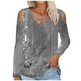 thumbnail image 2 of QUNYINEY V-Neck T Shirts for Women Casual Gray Floral Long Sleeve Tops Pullover Cold Shoulder Cut Out Loose T-Shirts, 2 of 4