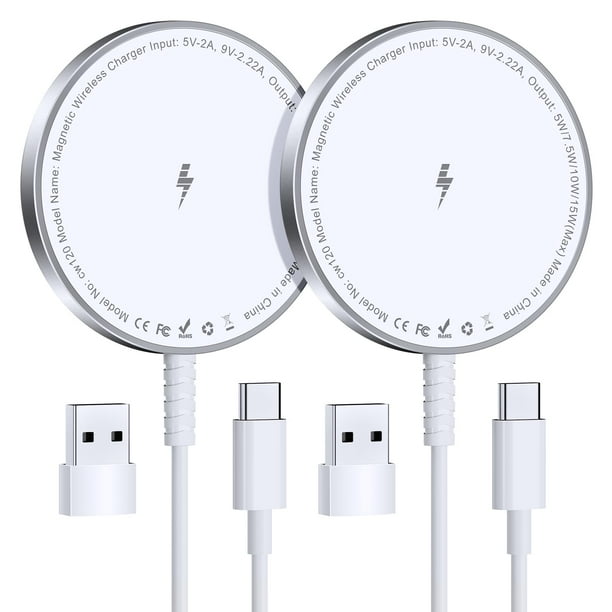 Bohuma Cargador inalámbrico magnético para iPhone: cargador Mag Safe Pad de carga rápida, paquete de 2, compatible con iPhone 16 15 14 13 12 Pro Max Plus y Airpods 2 3 Pro (sin adaptador)