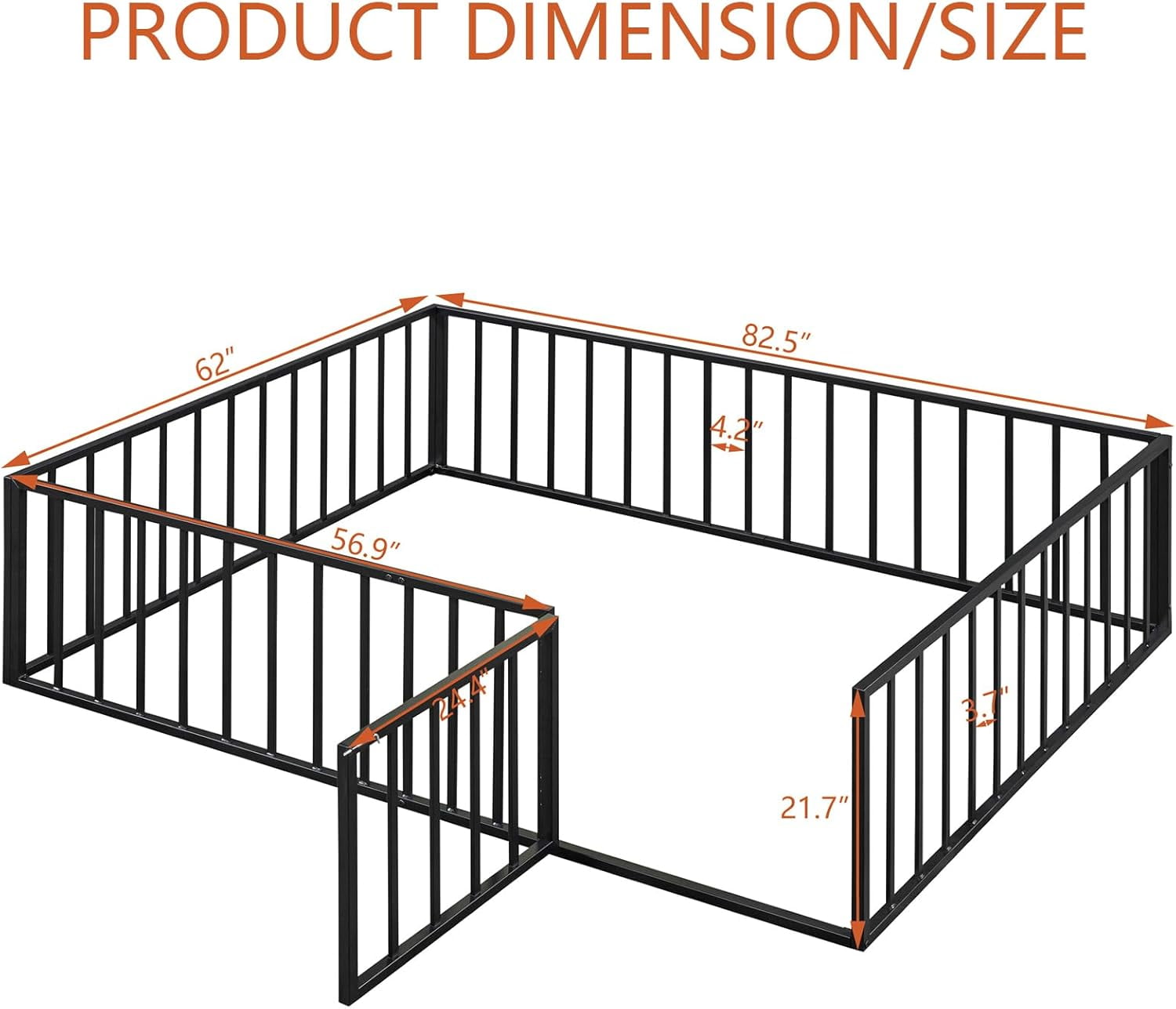 DreamBuck Queen Floor Bed Frame Metal Montessori Floor Bed with Rails and Door, Queen Size Bed Frame with Fence-Shaped Guardrails, Modern Queen Floor Beds for Boys, Girls, Easy Assembly