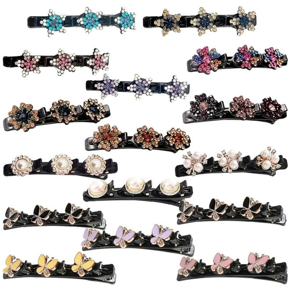 JUMRHFAN 16PCS Sparking Crystal Stone Braided Hair Clips, Duckbill Clips for Hair with 3 Small Hair Barrettes, Shiny Rhinestone Flower Hair Clips for Women and Girls