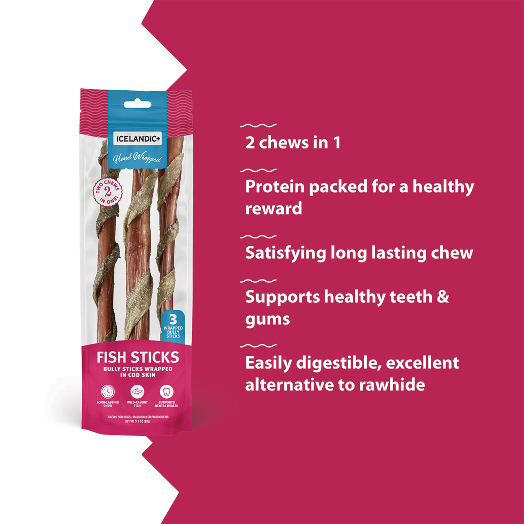 Icelandic+ Fish Sticks - Bully Stick Wrapped In Cod Skin - 3 Pack, 12" - Dog Treats, 2 Ingredient Chews, Hand-Wrapped Wild-Caught Fish, Pet Snacks