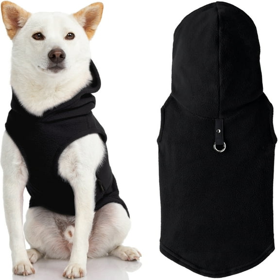 Gooby Fleece Vest Hoodie Dog Sweater - Black, Medium - Warm Pullover Dog Hoodie with O-Ring Leash