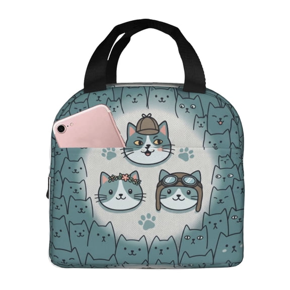 Cat Insulated Lunch Bag Cute Kitten Pattern Reusable Cooler Tote Front Pocket Handheld Portable Meal Prep Bag for Work Office