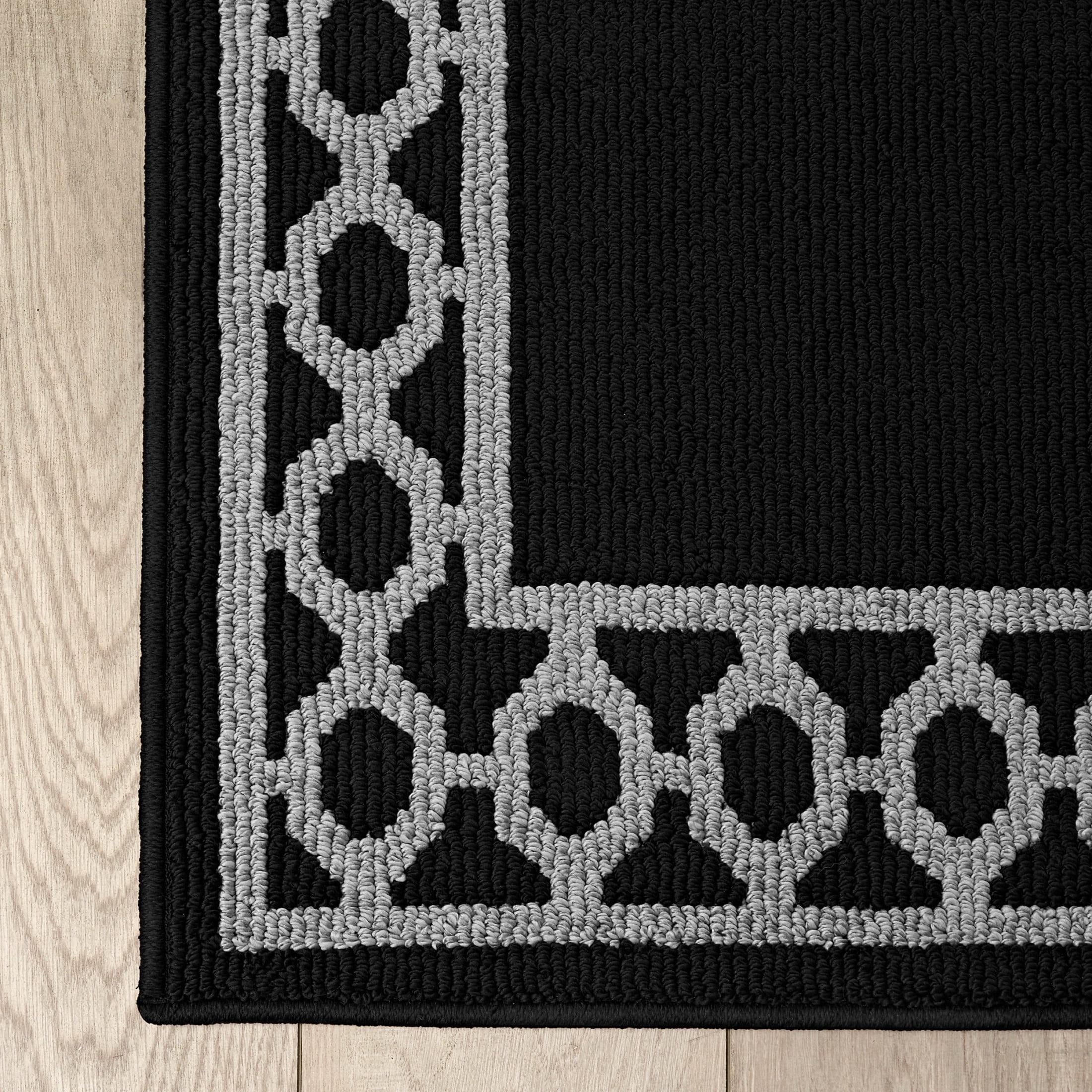 Washable Skid-Resistant Runner Rug, Trellis Border , Black and Twisted Grey , 26" x 45"