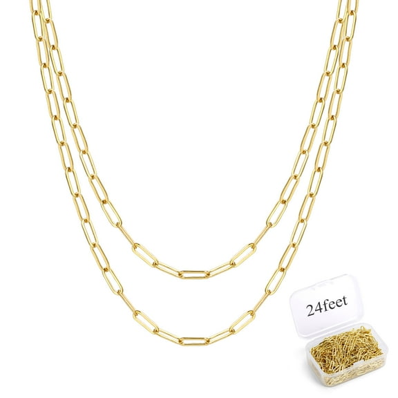 ALEXCRAFT 24 Feet 14K Dainty Gold Plated Brass Paperclip Chain Link Bulk for Jewelry Making（3x9mm）