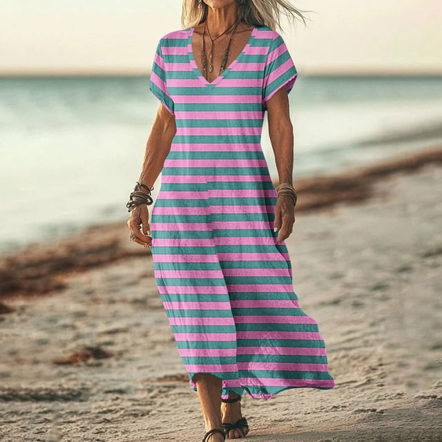 Taylonsss Robe Longue Fluide à Manches Courtes à Col en V à Imprimé Floral pour Femmes, Tenue Décontractée de Plage et de Villégiature