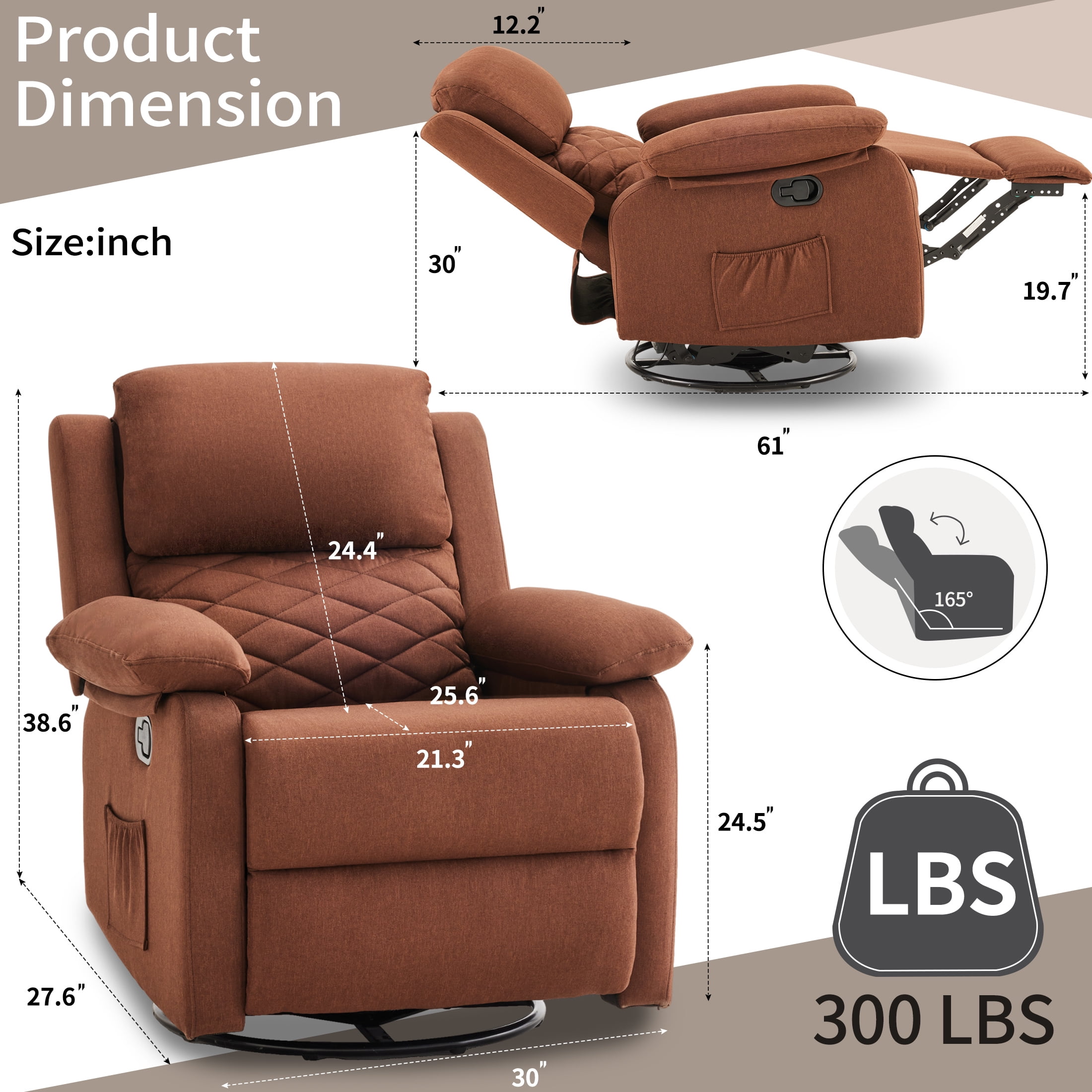YOUDENOVA 360° Swivel Rocker Recliner Chair for Small Spaces for Living Room,Upholstered Linen Fabric Glider Nursery Chair with Side Pockets,Brown