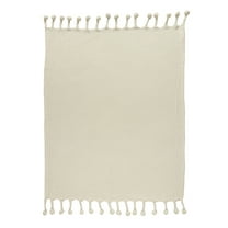 LR Home Varial Cream Chevron Braided Pom-pom Cotton Throw Blanket, 50" x 60"