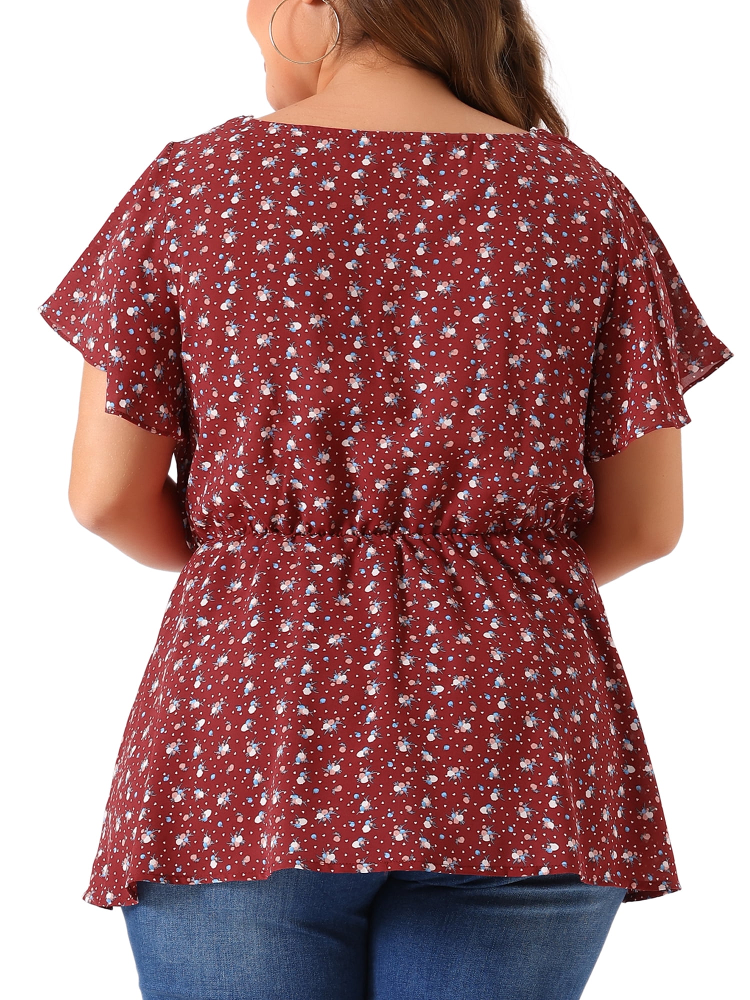 DARING DIVA Women's Plus Floral Flare Sleeves Elastic Waist Peplum Top 2X Red