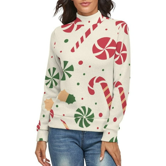 Christmas Candy Pattern Women's Turtleneck Sweater Long Sleeve Ribbed Fitted Turtle Neck Casual Fall Winter Collection Top L