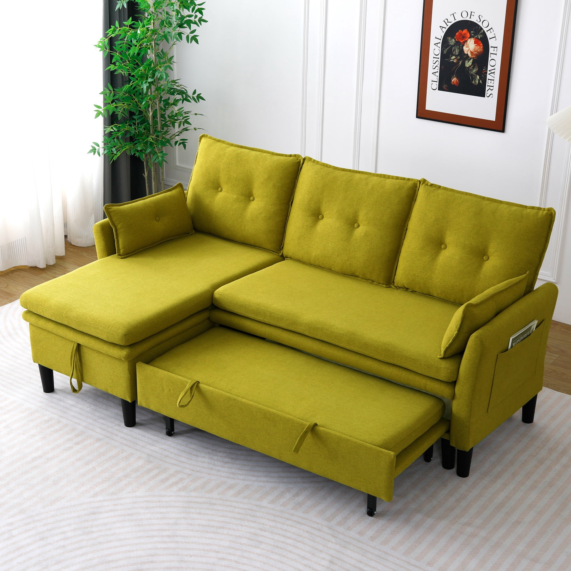 Convertible Sofa Bed,L-Shaped Sectional Sleeper Sofa with Storage Chaise,Cotton Linen Pull Out Sleeper Couch for Small Living Room,Apartment,Green